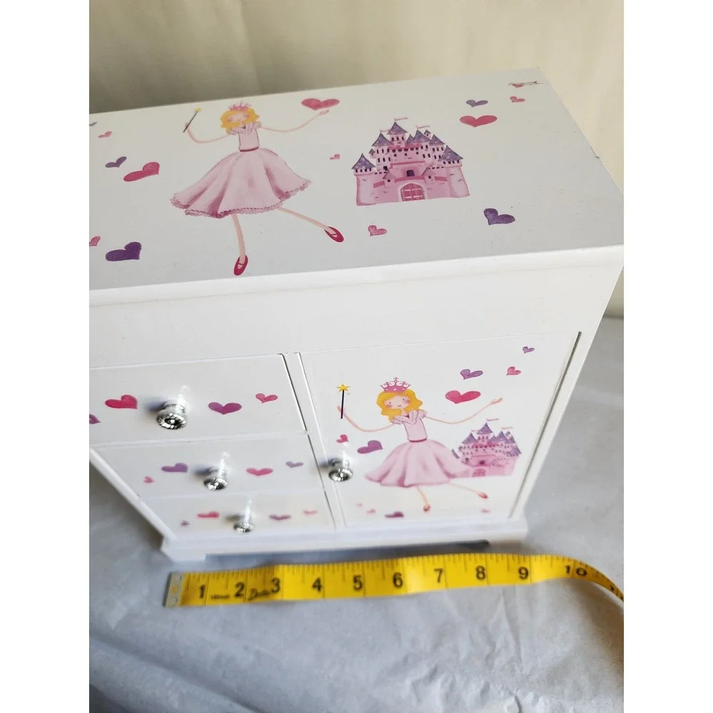 Princess Castle Musical Jewelry Box White Wood Ballerina Spinning Necklace Hook